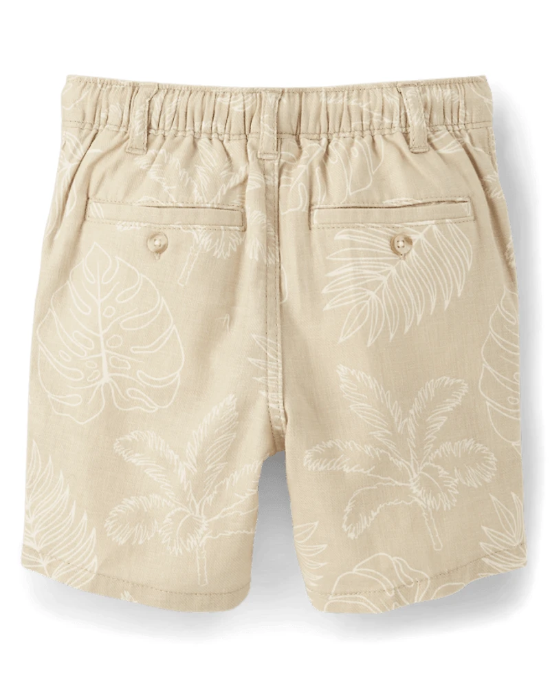 Kids Tropical Leaf Linen-Blend Pull-On Shorts