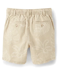 Kids Tropical Leaf Linen-Blend Pull-On Shorts