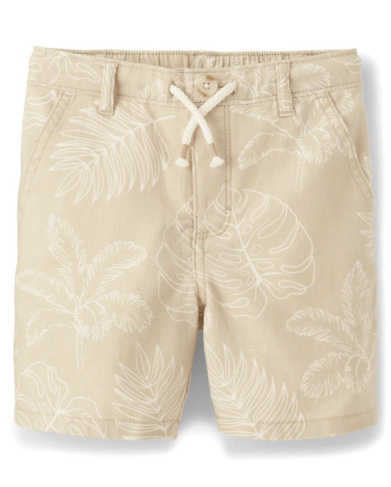 Kids Tropical Leaf Linen-Blend Pull-On Shorts