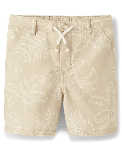 Kids Tropical Leaf Linen-Blend Pull-On Shorts