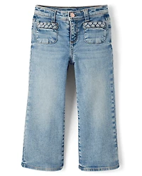 Girls Braided Patch Pocket Wide Leg Jeans - Little Essentials