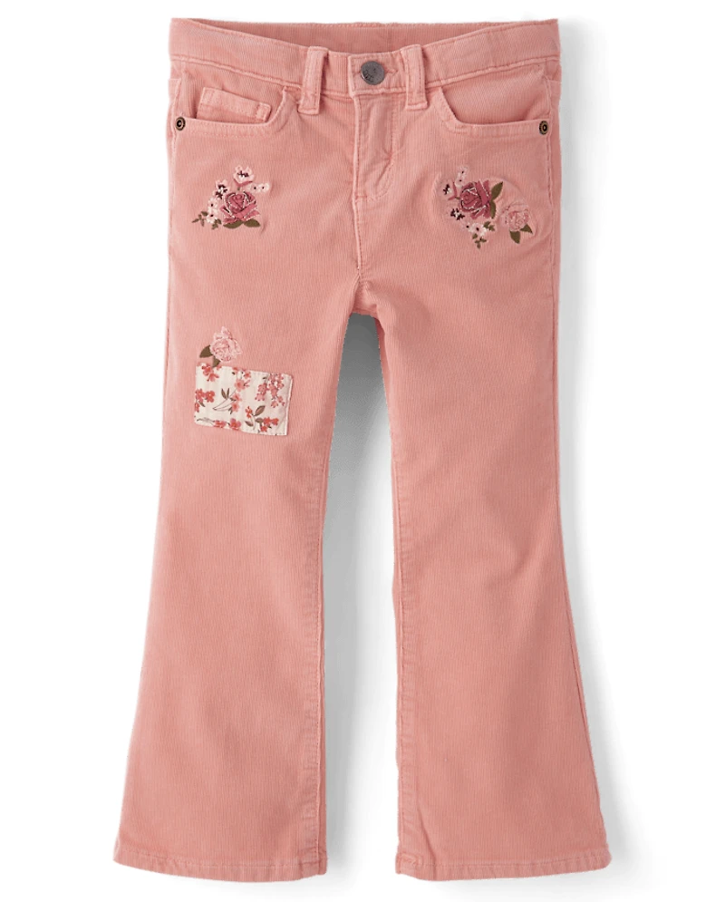Girls Embroidered Floral Corduroy Flare Pants - Highland Hills