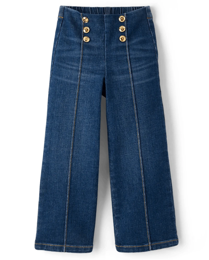 Girls Button High Rise Wide Leg Jeans - Little Essentials