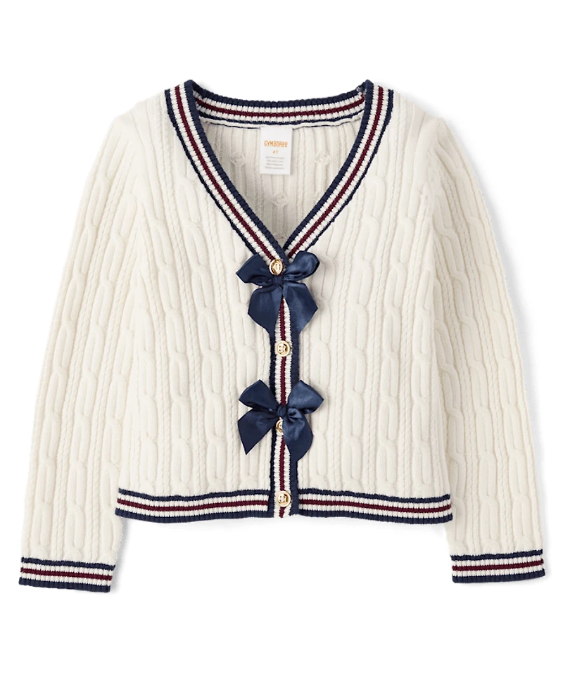 Girls Cable Knit Bow Cardigan - Campus Cuties