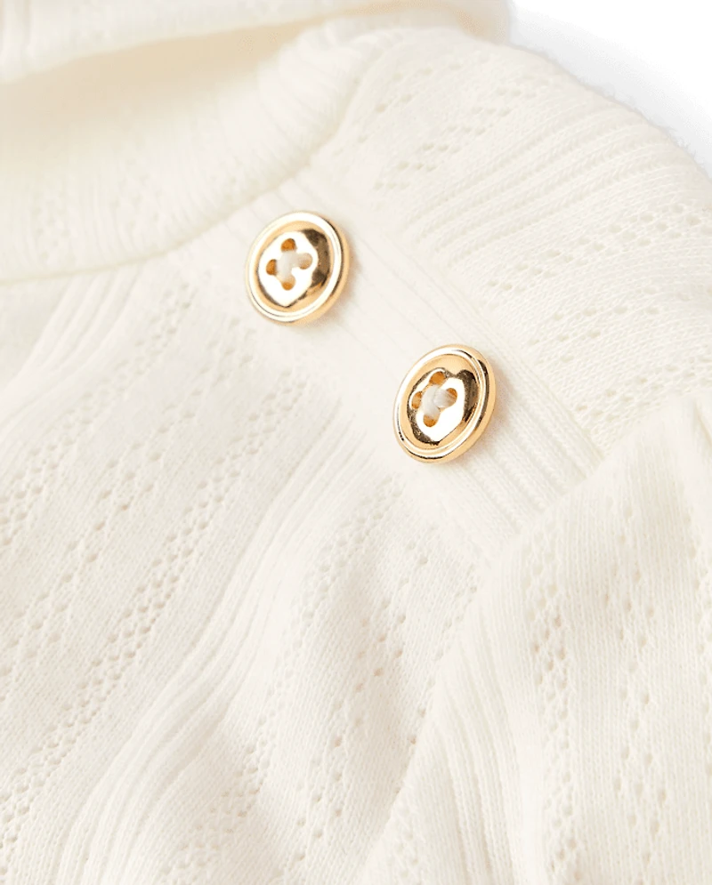 Girls Button Pointelle Turtleneck Top