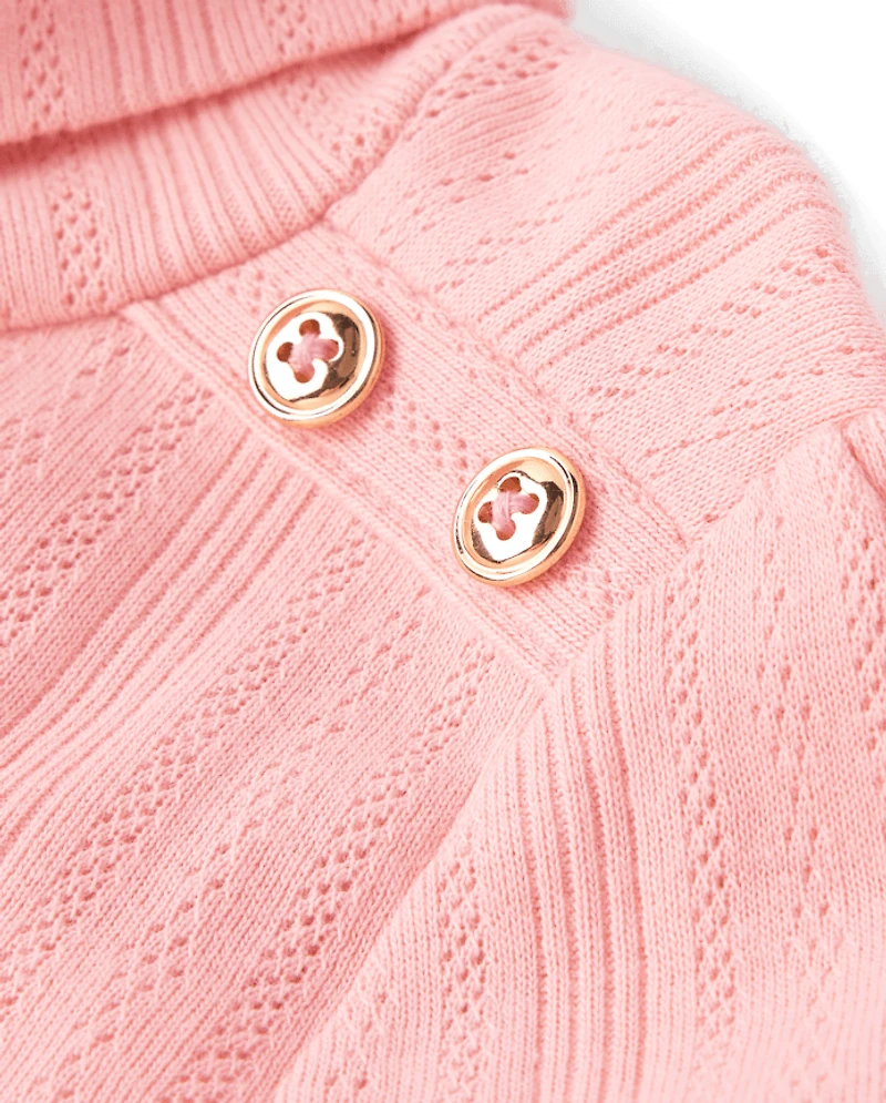 Girls Button Pointelle Turtleneck Top