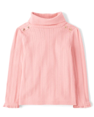 Girls Button Pointelle Turtleneck Top