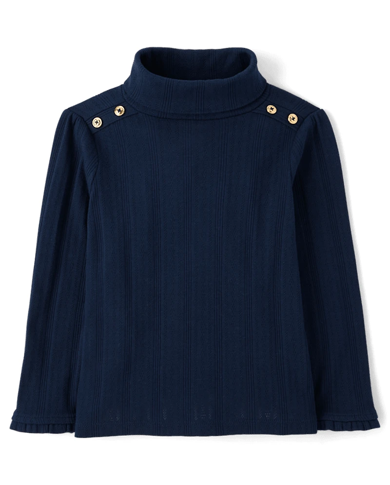 Girls Button Pointelle Turtleneck Top