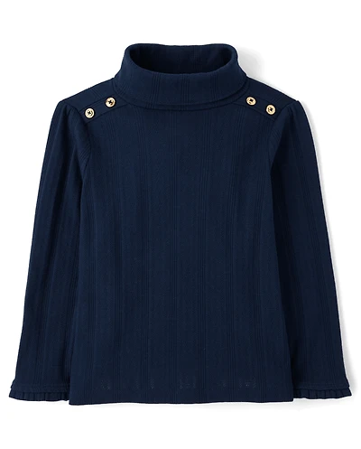 Girls Button Pointelle Turtleneck Top