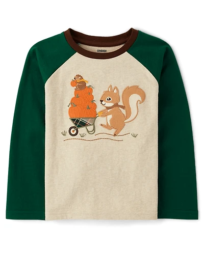 Boys Embroidered Squirrel Raglan Top - Fall Celebrations