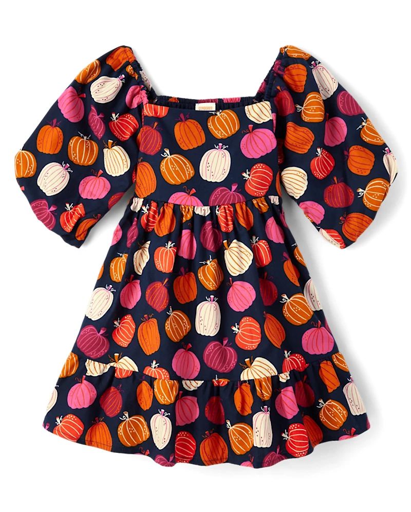 Girls Pumpkin Flannel Ruffle Dress - Fall Celebrations