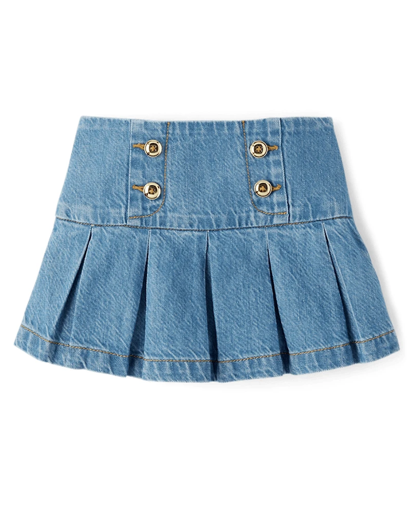 Girls Pleated Button Denim Skirt - Campus Cuties