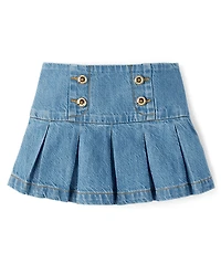 Girls Pleated Button Denim Skirt - Campus Cuties