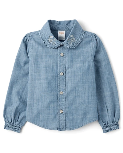 Girls Embroidered Floral Chambray Button Up Shirt - Fall Celebrations