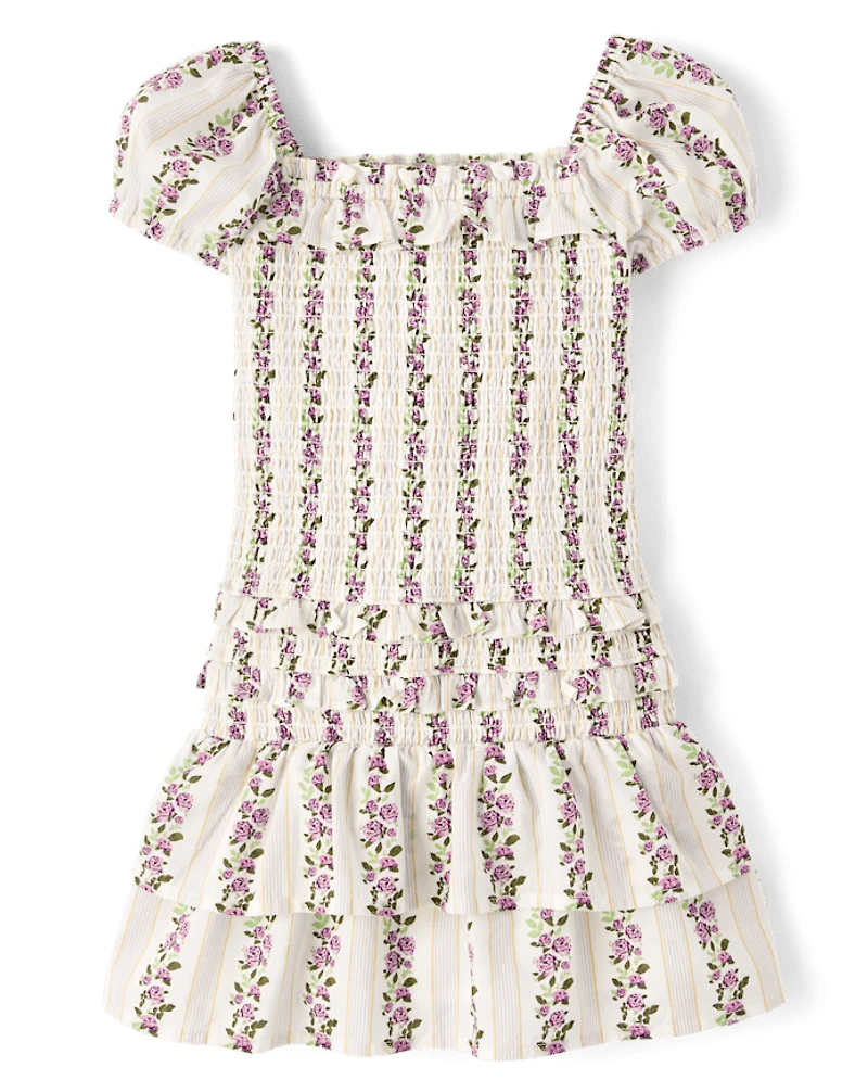 Girls Floral Smocked Ruffle Dress - Magical Meadows