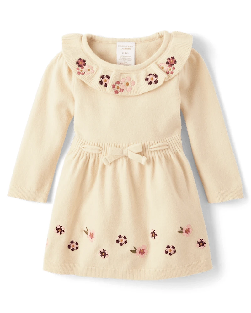 Baby Girls Embroidered Floral Ruffle Sweater Dress