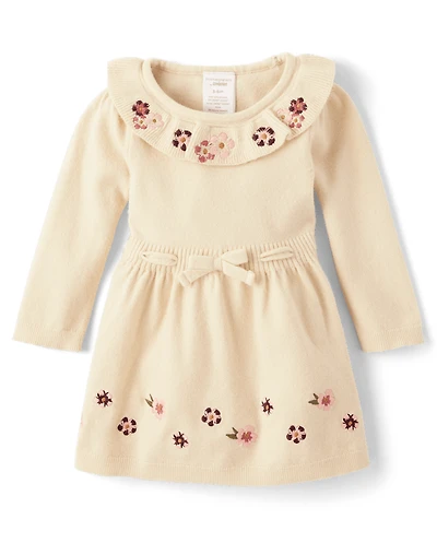 Baby Girls Embroidered Floral Ruffle Sweater Dress