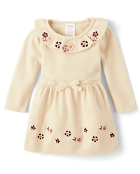 Baby Girls Embroidered Floral Ruffle Sweater Dress