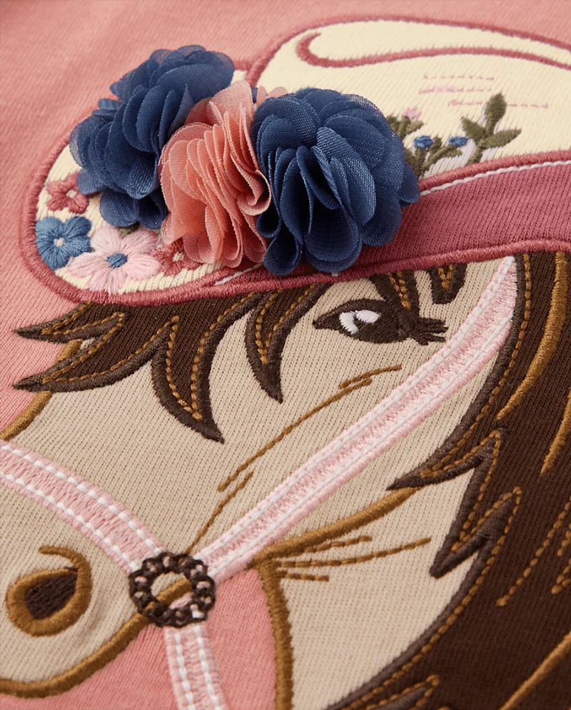 Girls Embroidered Horse Puff Sleeve Top - Highland Hills