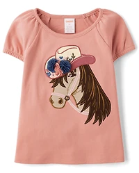 Girls Embroidered Horse Puff Sleeve Top - Highland Hills