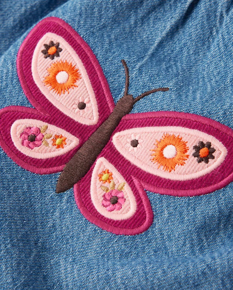 Girls Embroidered Butterfly Denim Jumper - Fall Celebrations