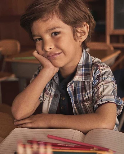 Boys Plaid Poplin Button Up Shirt - Campus Cuties