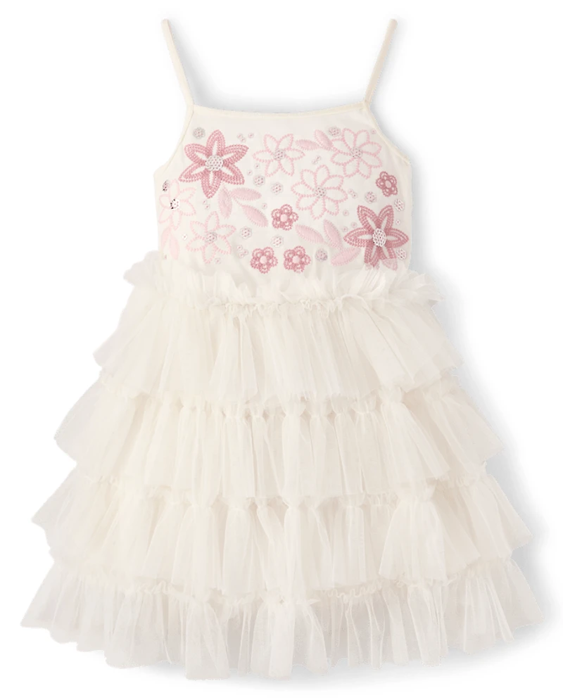 Girls Embroidered Sequin Ruffle Tiered Dress - On Pointe