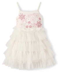 Girls Embroidered Sequin Ruffle Tiered Dress - On Pointe