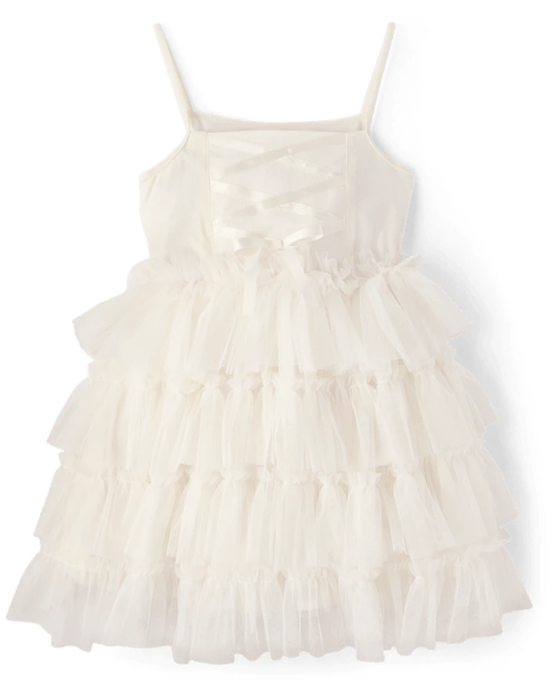 Girls Embroidered Sequin Ruffle Tiered Dress - On Pointe