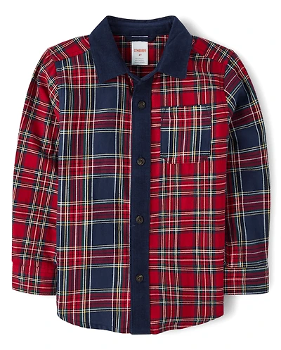 Boys Plaid Colorblock Flannel Button Up Shirt - Royal Christmas