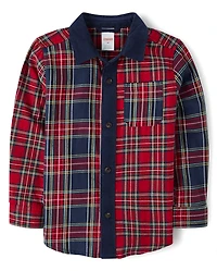 Boys Plaid Colorblock Flannel Button Up Shirt - Royal Christmas