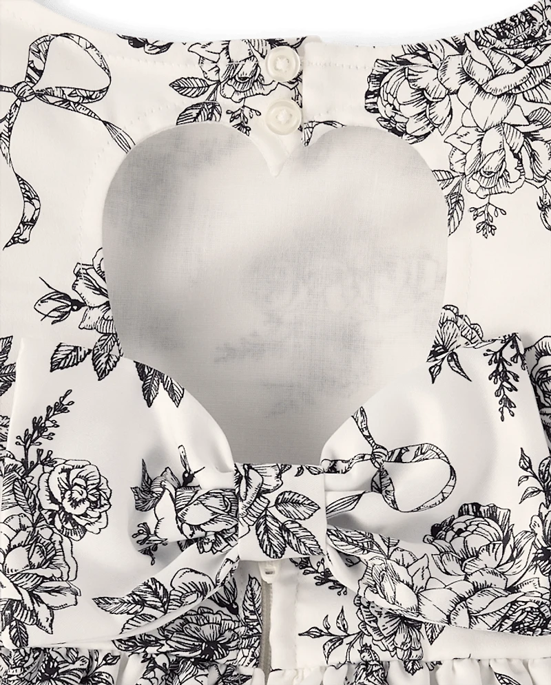 Girls Floral Heart Cut Out Satin Ruffle Dress - Petit Paris