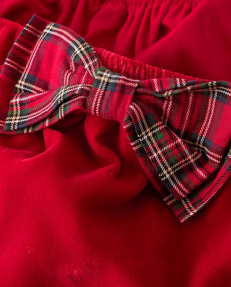 Girls Plaid Bow Velvet Ruffle Dress - Royal Christmas
