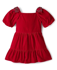 Girls Plaid Bow Velvet Ruffle Dress - Royal Christmas