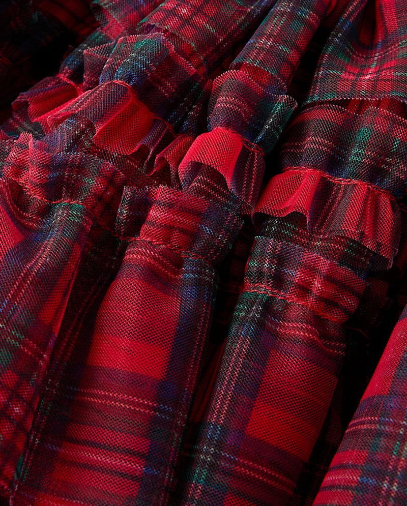 Girls Plaid Mesh Ruffle Skirt - Royal Christmas