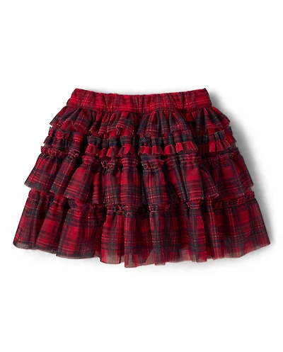 Girls Plaid Mesh Ruffle Skirt - Royal Christmas