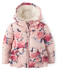 Girls Floral Ruffle Microfleece Lined Puffer Jacket - On Pointe