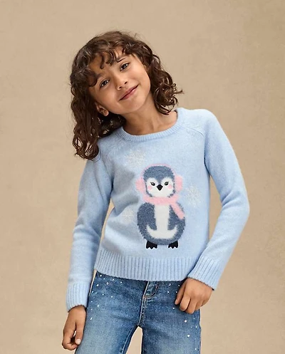 Girls Eyelash Penguin Sweater - First Frost
