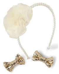 Girls Faux Pearl Sequin 3-Piece Hair Set - Royal Christmas