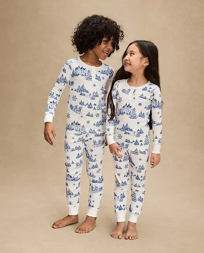 Kids Winter Toile Snug Fit Cotton Henley Pajamas