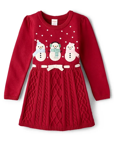 Girls Crochet Snowman Sweater Dress - Royal Christmas
