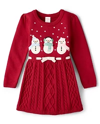 Girls Crochet Snowman Sweater Dress - Royal Christmas