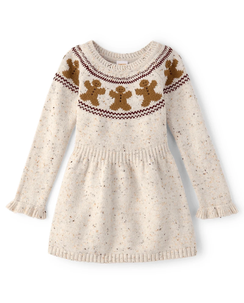 Girls Intarsia Gingerbread Ruffle Sweater Dress - Royal Christmas