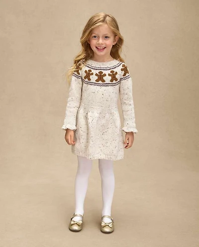 Girls Intarsia Gingerbread Ruffle Sweater Dress - Royal Christmas