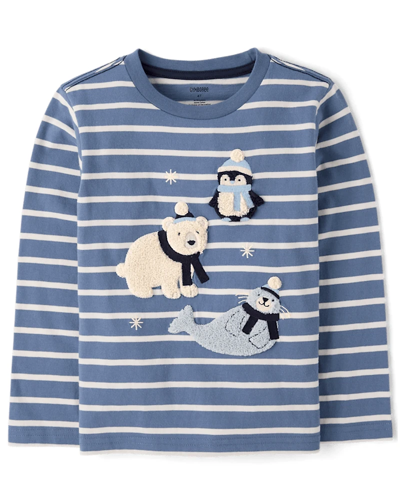 Boys Striped Embroidered Polar Animals Top - First Frost