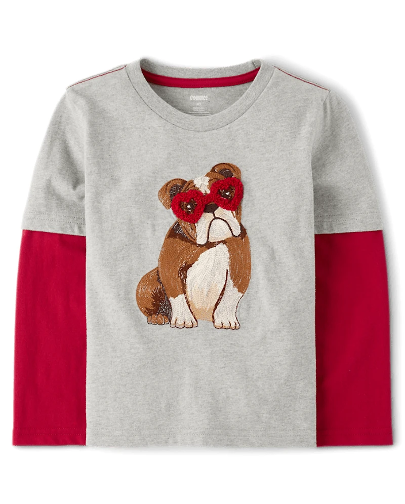Boys Embroidered Bulldog Layered Top - Mon Cheri