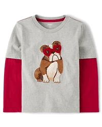 Boys Embroidered Bulldog Layered Top - Mon Cheri