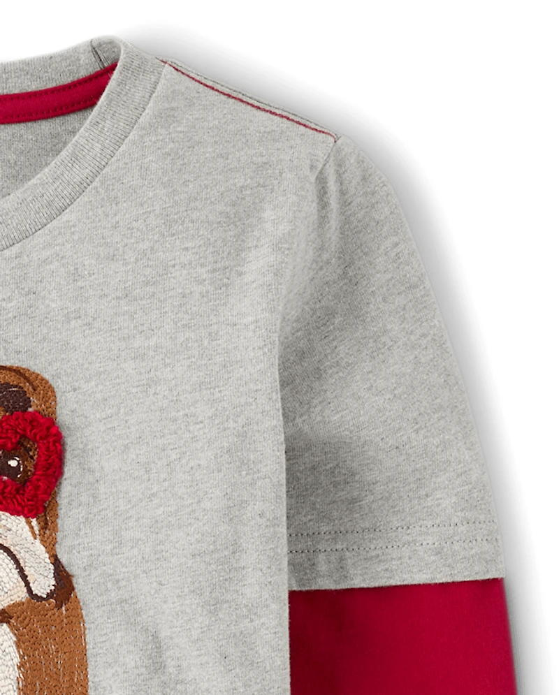 Boys Embroidered Bulldog Layered Top - Mon Cheri