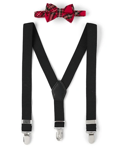 Boys Plaid Bow Tie And Suspenders 2-Piece Set - Royal Christmas