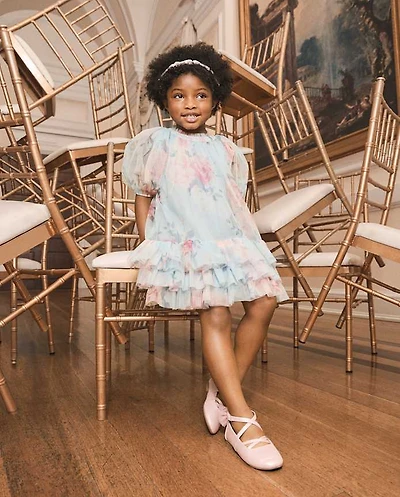 Girls Floral Ruffle Mesh Drop Waist Dress - On Pointe